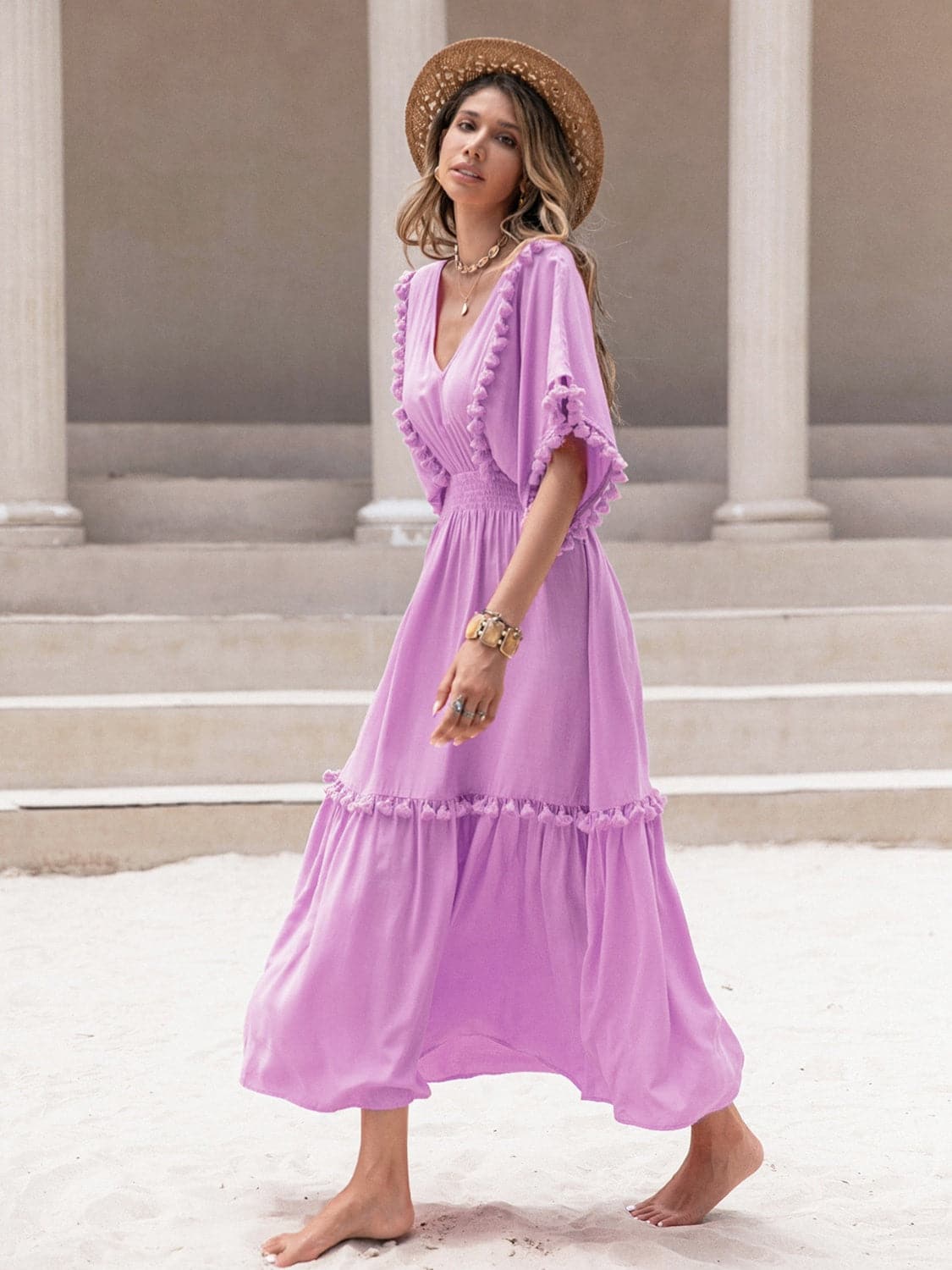 Tassel Trim Smocked V-Neck Short Sleeve Dress.