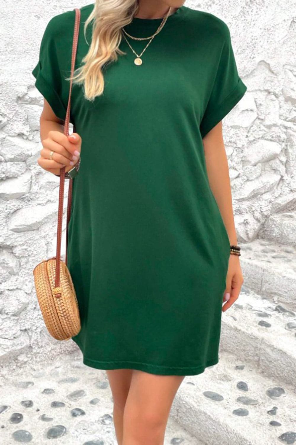 Casual pocketed round neck tee dress