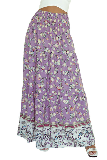 Purple Floral Print Shirred High Waist Maxi Skirt