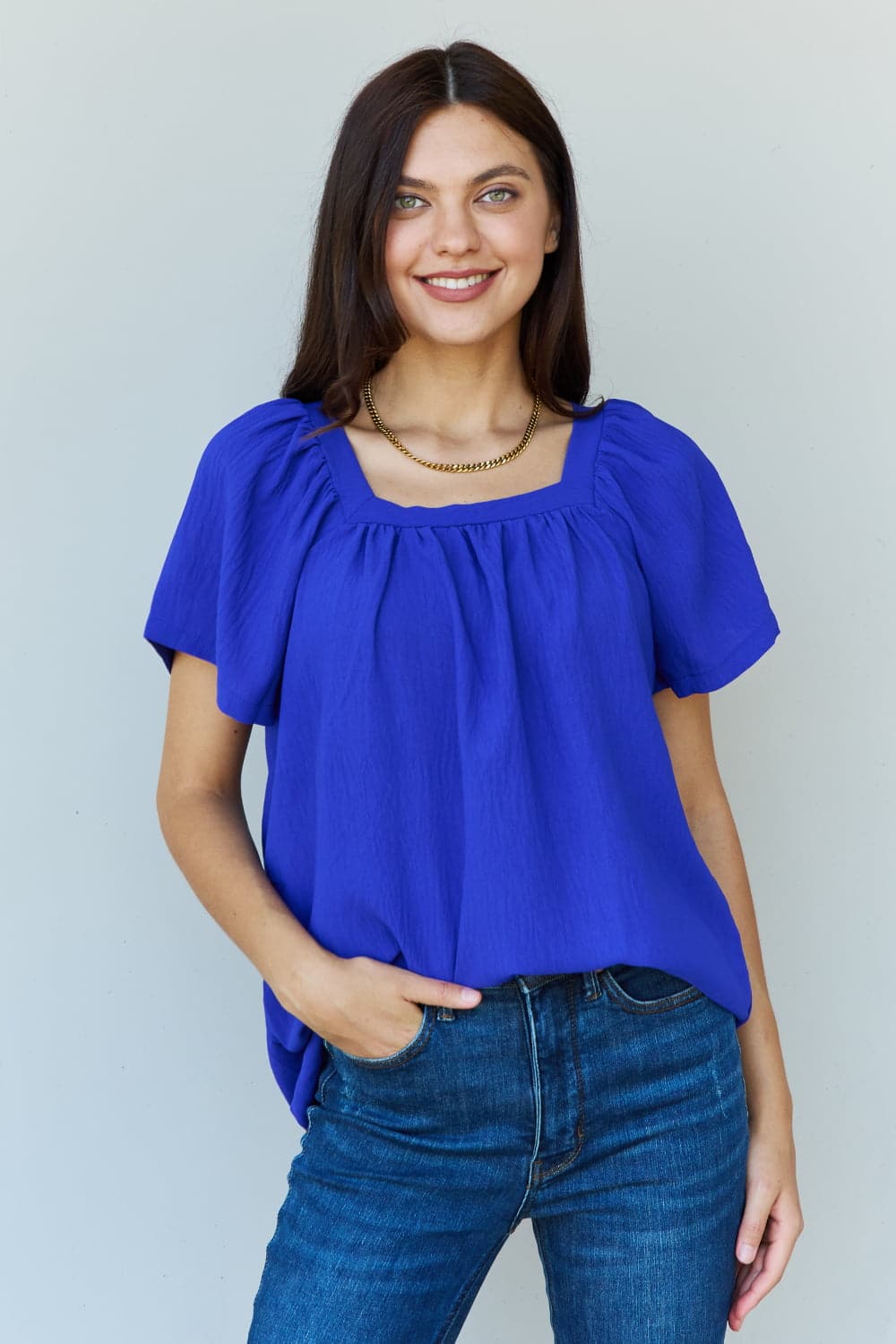 Ninexis Keep Me Close Square Neck Short Sleeve Blouse in Royal.