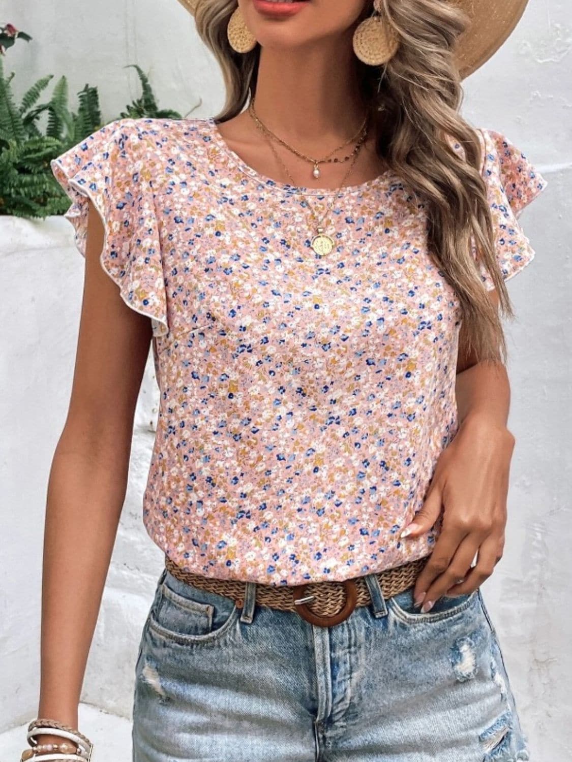 Ditsy Floral Round Neck Cap Sleeve Top.