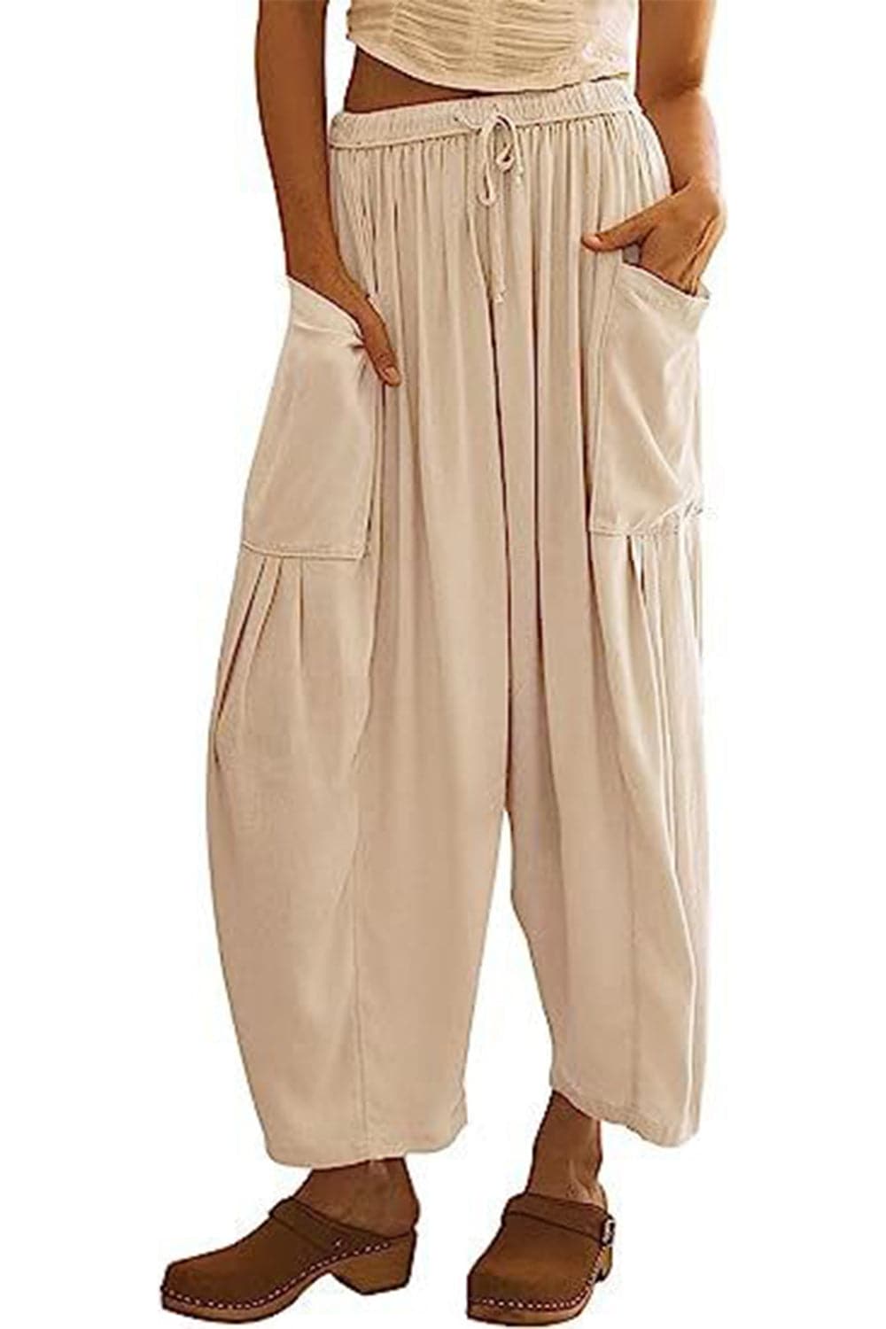 Full Size Pocketed Drawstring Wide Leg Pants.