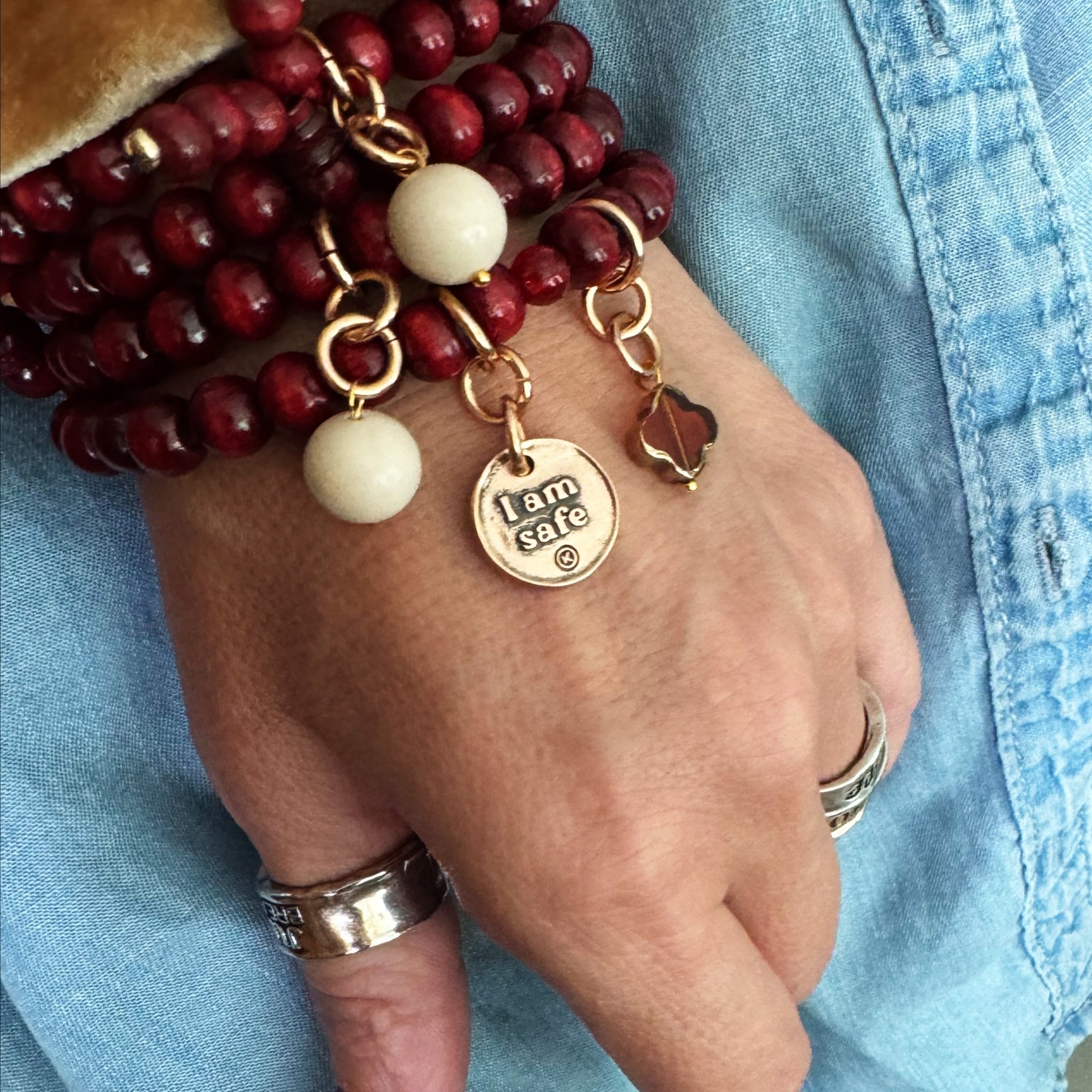 I Am Safe Heart Wood Boho Wrap Bracelet/Necklace Katia Designs