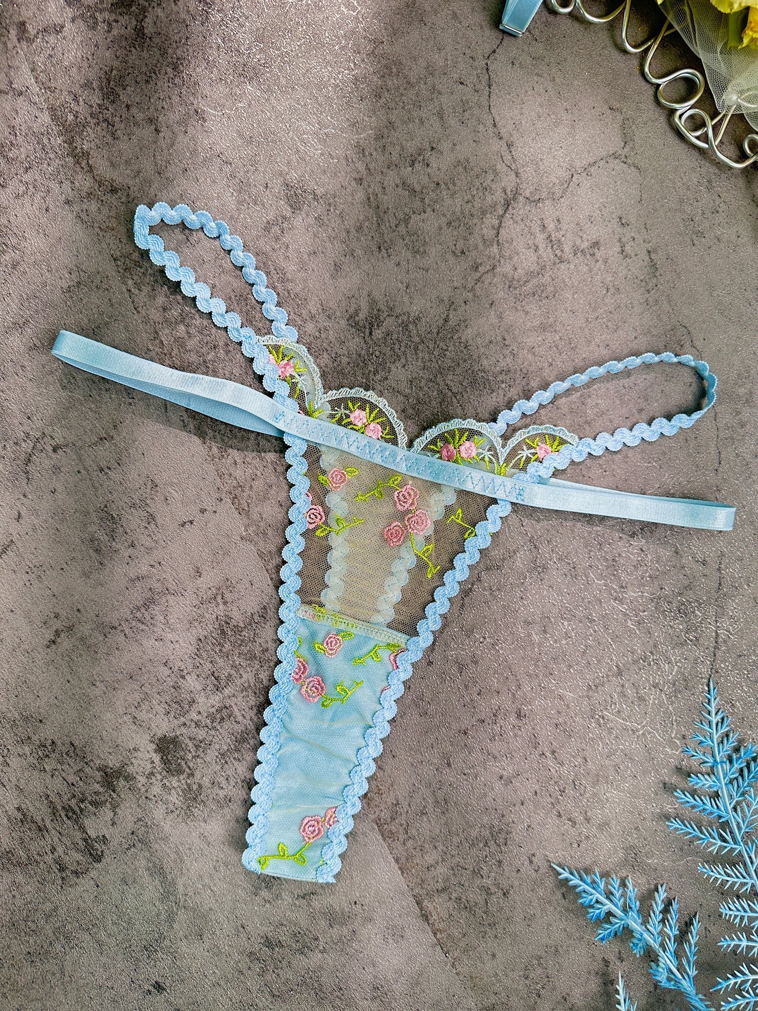 Light Blue Floral Lace Lingerie Set With Rose Print Hello.LA.Girl