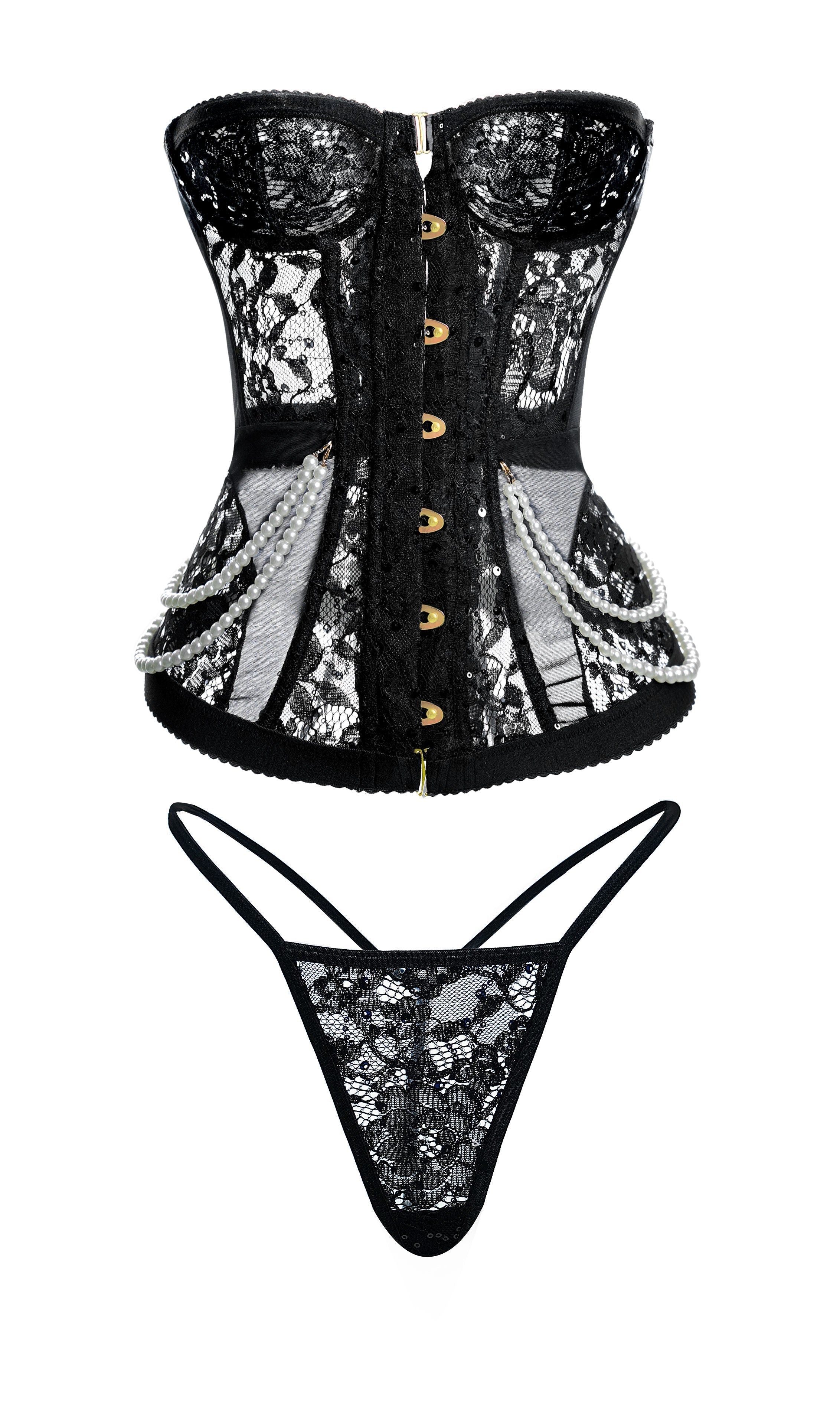 Serena Black Pearl Corset Set With Gold Lace And Mesh Hello.LA.Girl