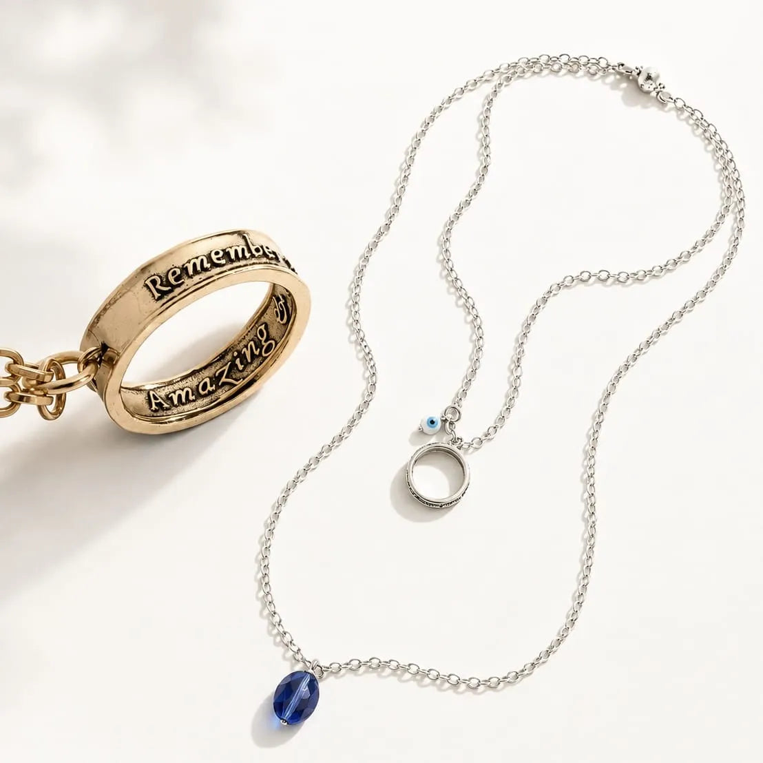 Katia Designs Remember Who the F*ck You Are Original Necklace, showcasing its Aquamarine, Rose Quartz, and pearl accent cryst
