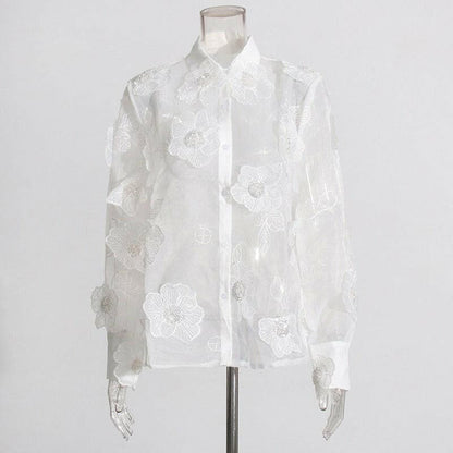 French elegant style organza lapel shirt three-dimensional flower sequined shirt top for women.