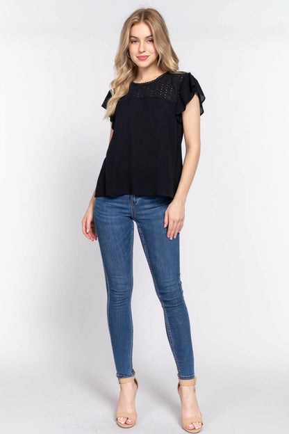 ACTIVE BASIC Ruffle Short Sleeve Crochet Blouse - Love Salve 