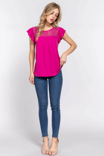 ACTIVE BASIC Ruffle Short Sleeve Lace Detail Knit Top - Love Salve 