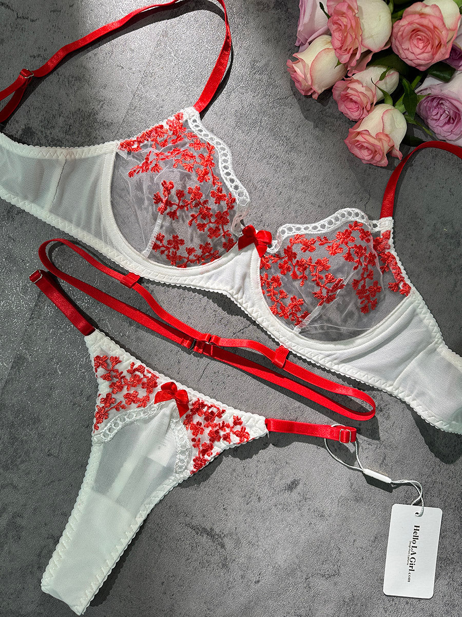 Luxurious Red Floral Lace Lingerie Set With White Base Hello.LA.Girl