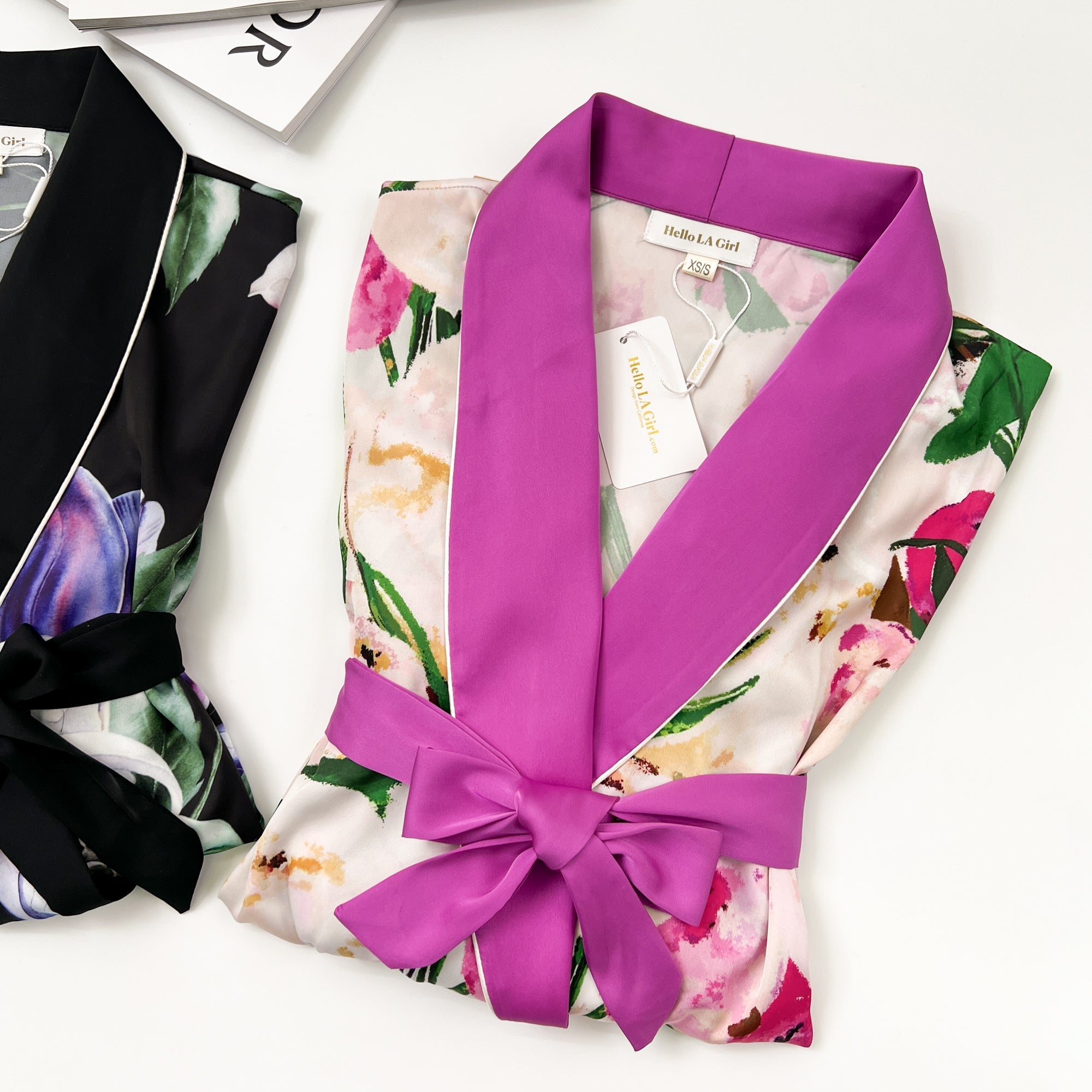 Pink Flower Print Purple Silky Satin Robe With Belt Hello.LA.Girl