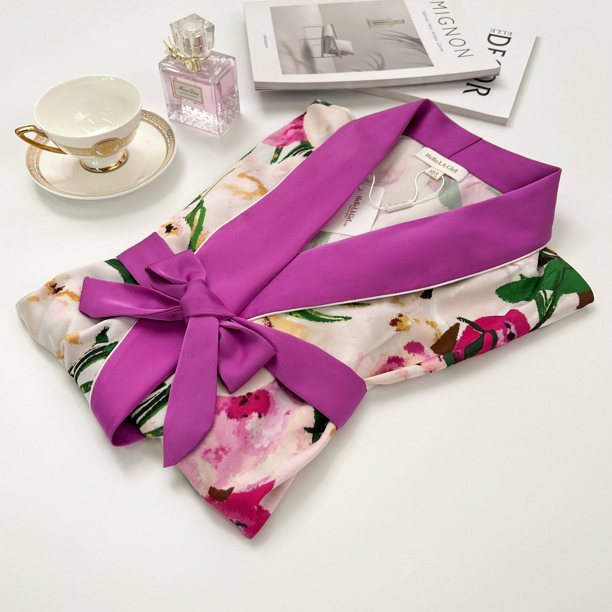Pink Flower Print Purple Silky Satin Robe With Belt Hello.LA.Girl