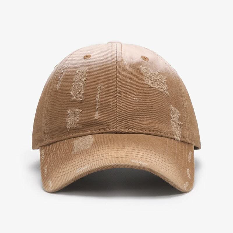 Adjustable cotton baseball cap with distressed look and customizable fit.