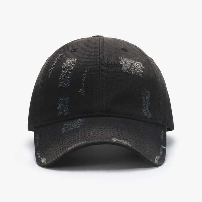 Adjustable cotton baseball cap in black with distressed design, featuring a customizable fit and classic style.