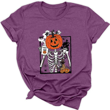 Spooky season style: Women's pumpkin skeleton graphic tee