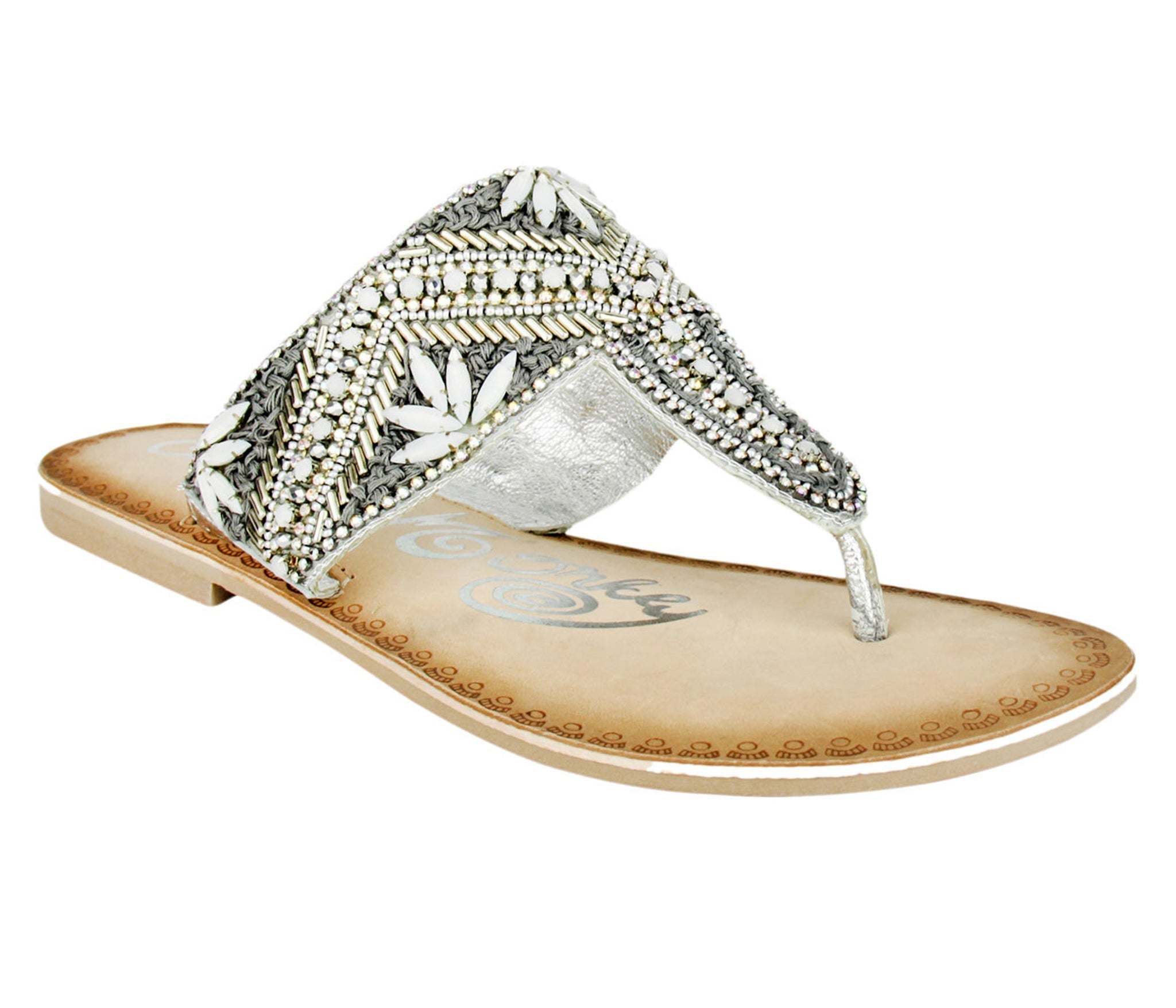 Amare Beaded Sandals Silver Leather Footbed Upper Glam Naughty Monkey