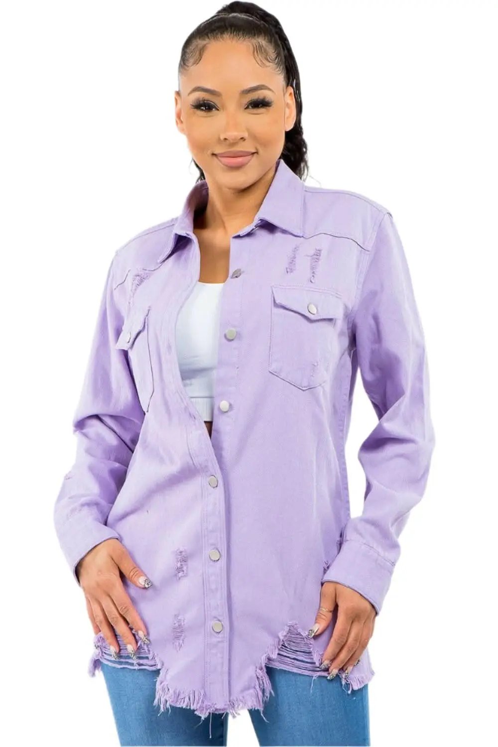 American Bazi Frayed Hem Distressed Denim Jacket - Love Salve 