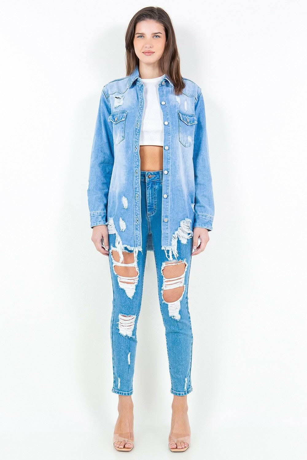 American Bazi Frayed Hem Distressed Denim Shirt Jacket - Love Salve 