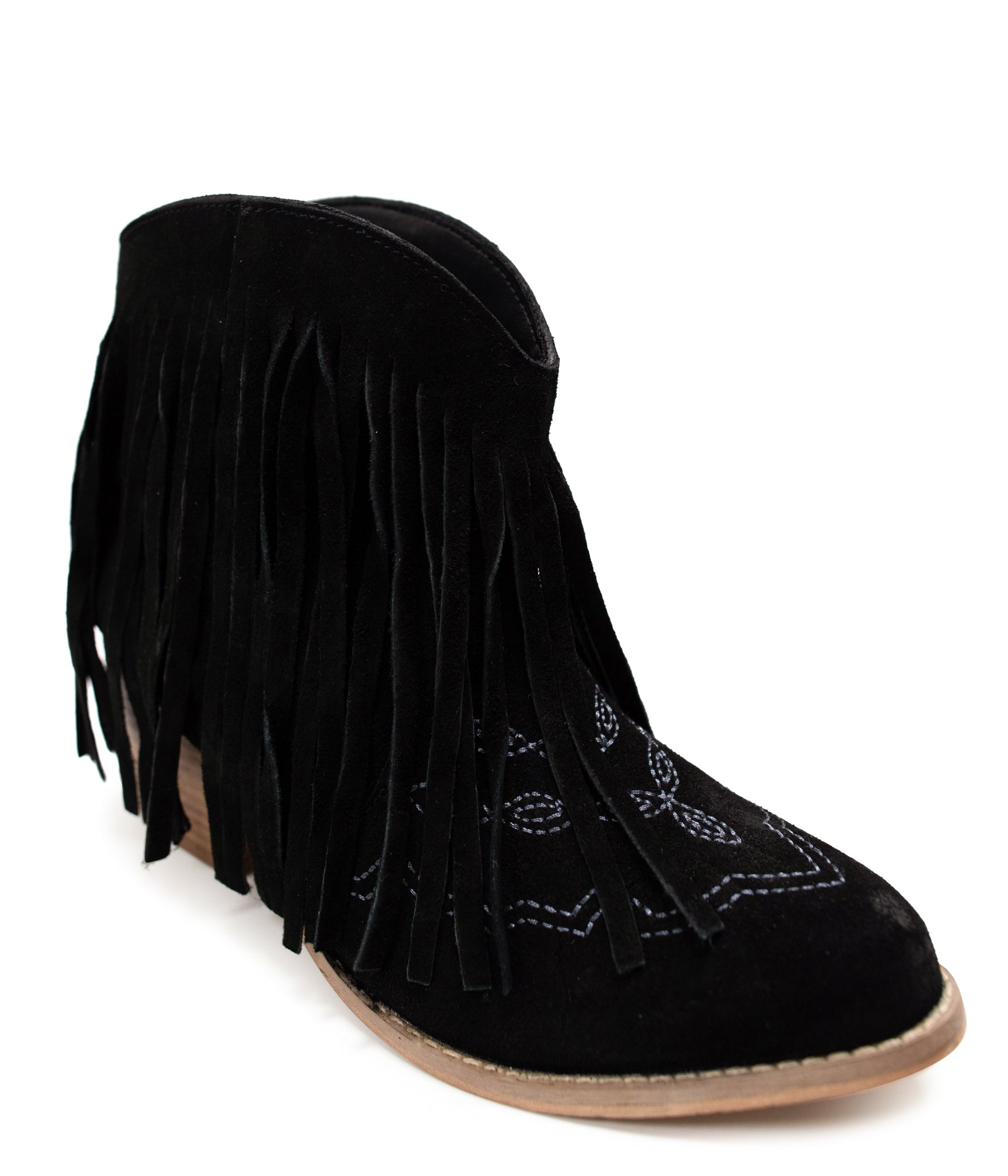 Amos Fringe Ankle Bootie Black Suede Western Stitch Naughty Monkey