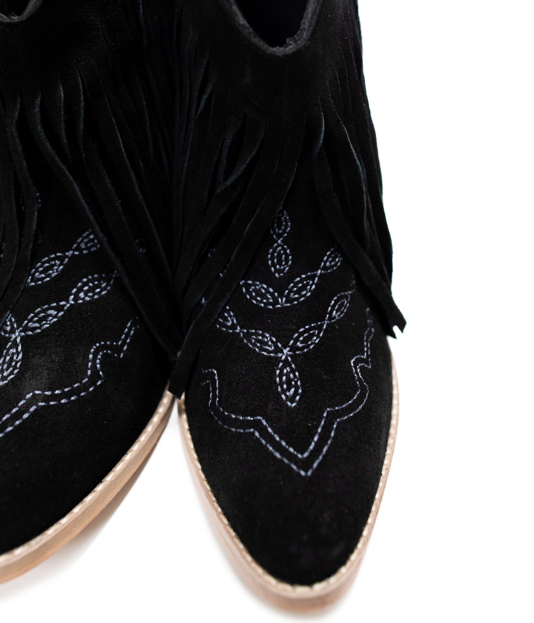 Amos Fringe Ankle Bootie Black Suede Western Stitch Naughty Monkey