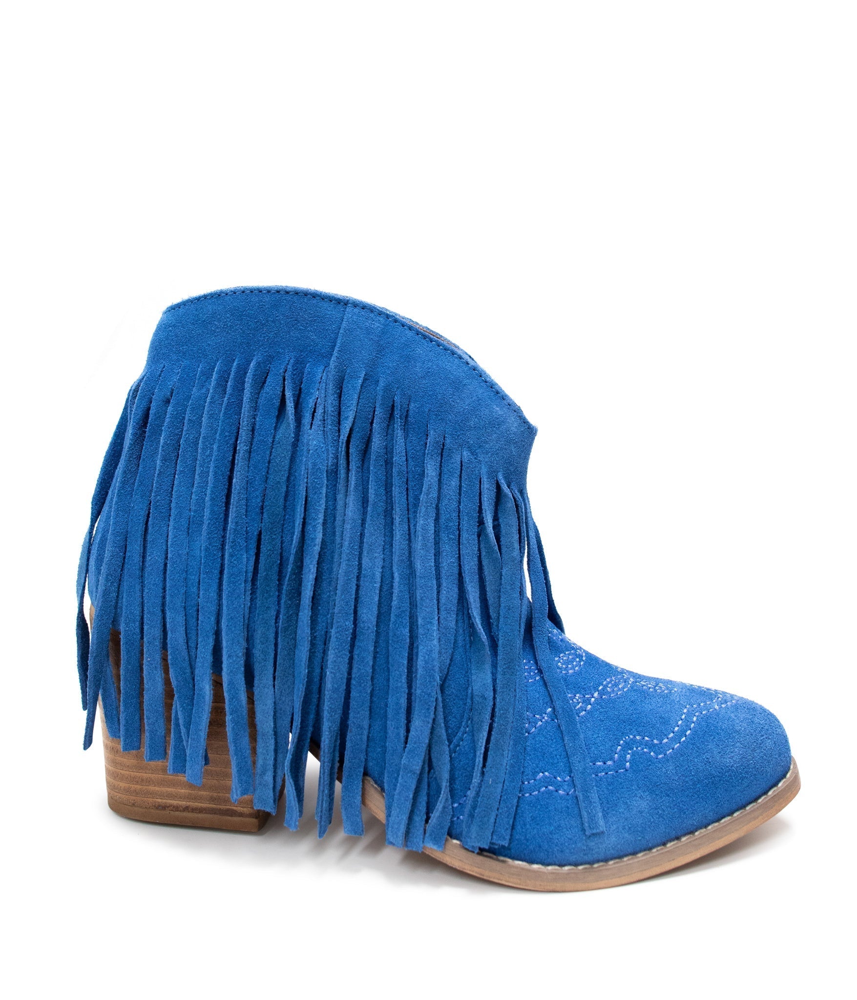 Amos Fringe Ankle Bootie Blue Suede Western Style Heel Naughty Monkey