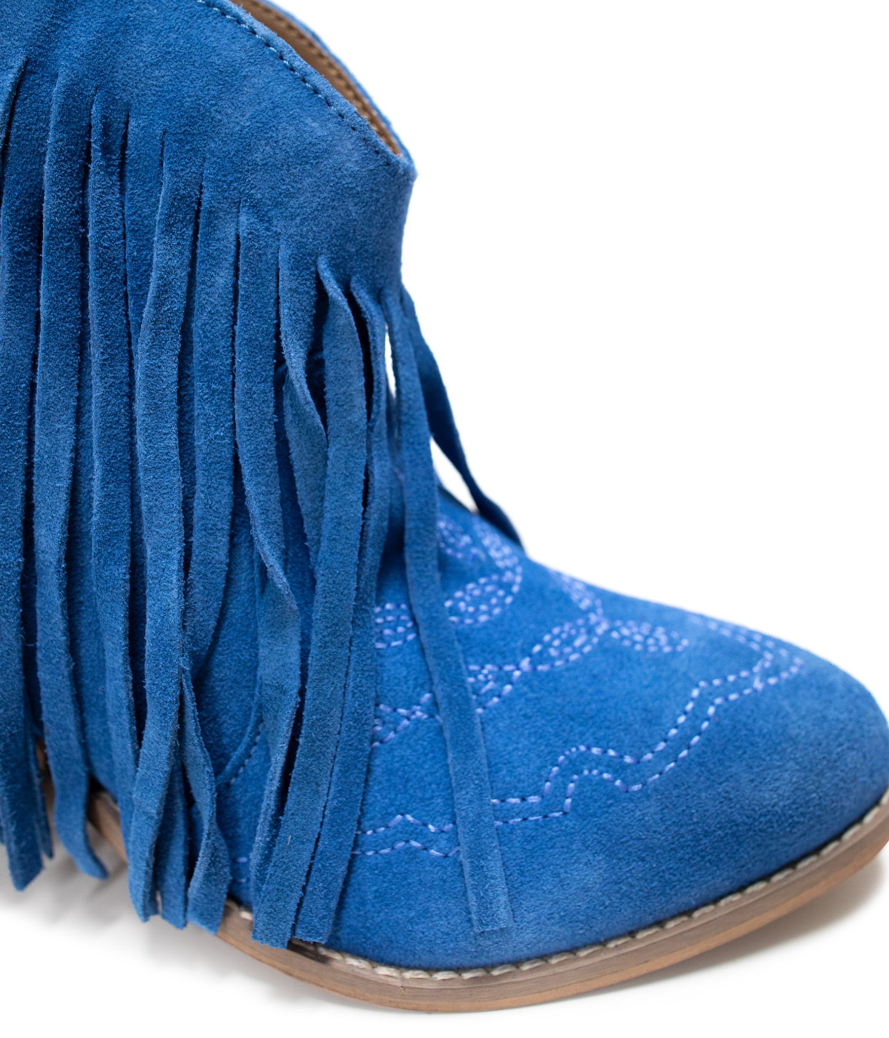 Amos Fringe Ankle Bootie Blue Suede Western Style Heel Naughty Monkey