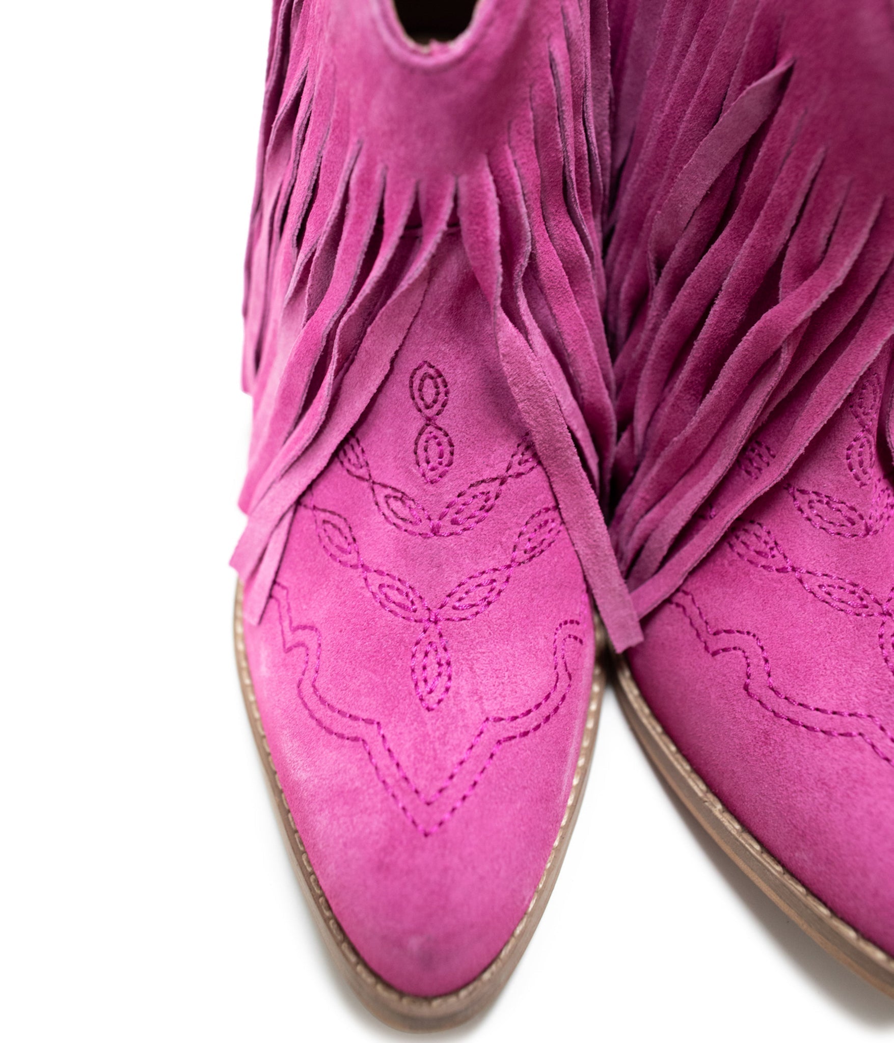 Amos Fringe Ankle Bootie Magenta Suede Western Details Naughty Monkey
