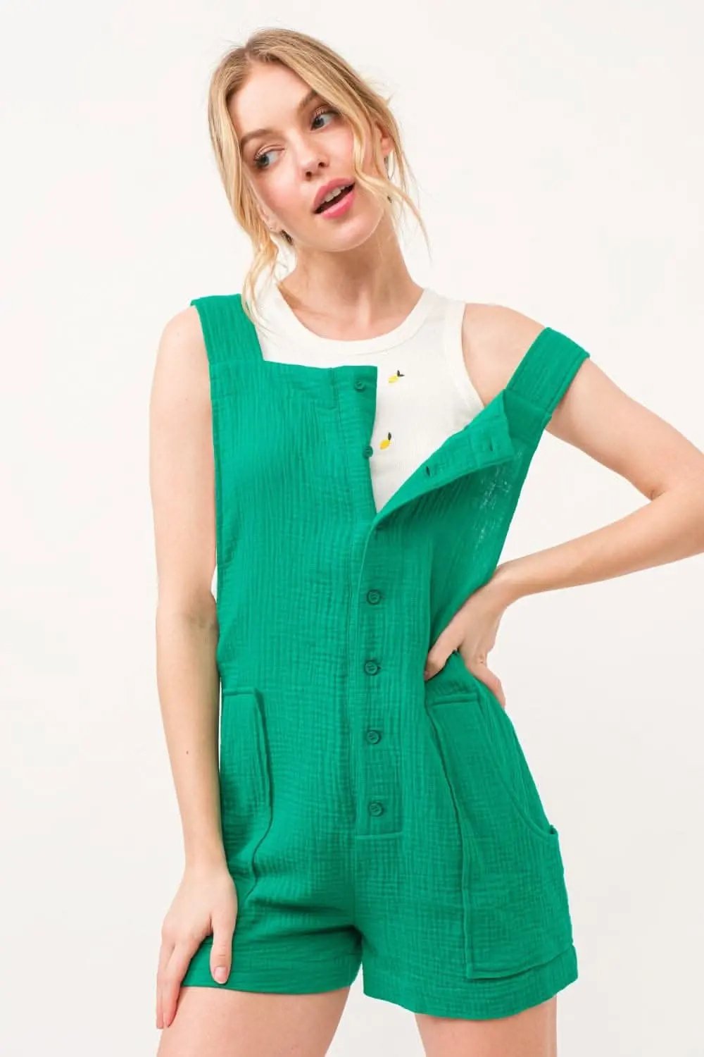 And The Why Button Up Tie Back Sleeveless Romper - Love Salve 
