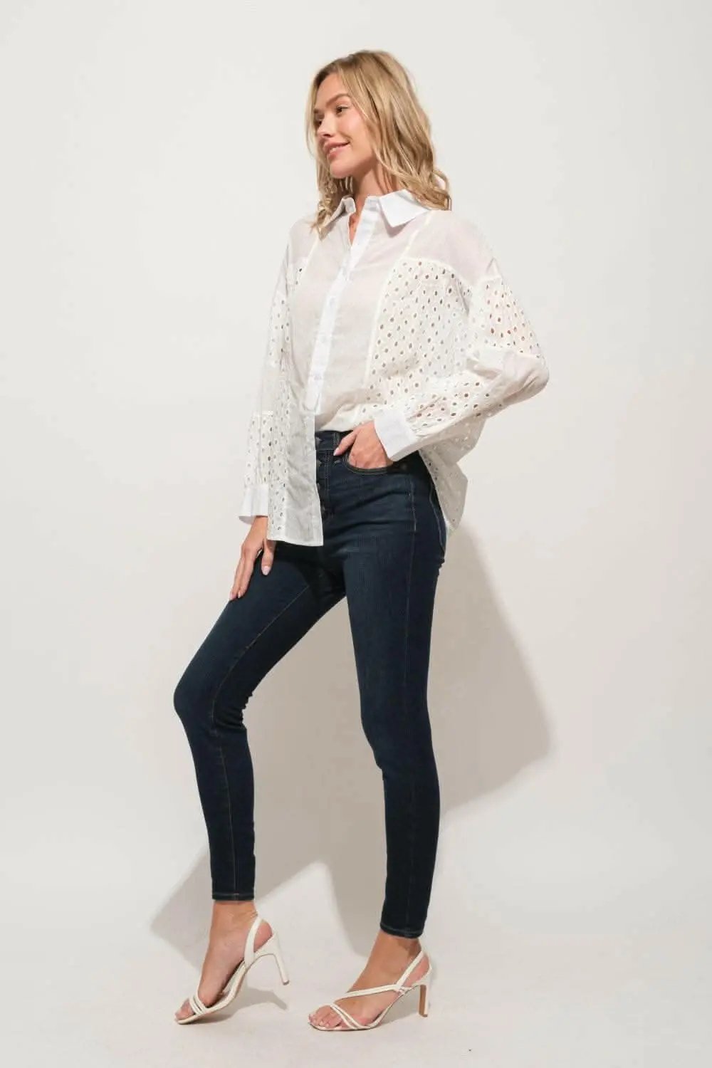 And The Why Eyelet Long Sleeve Button Down Shirt - Love Salve 