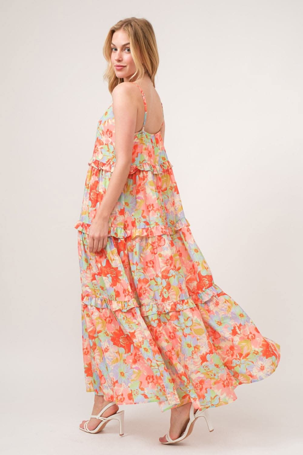 And The Why Floral Ruffled Tiered Maxi Adjustable Strap Cami Dress - Love Salve 