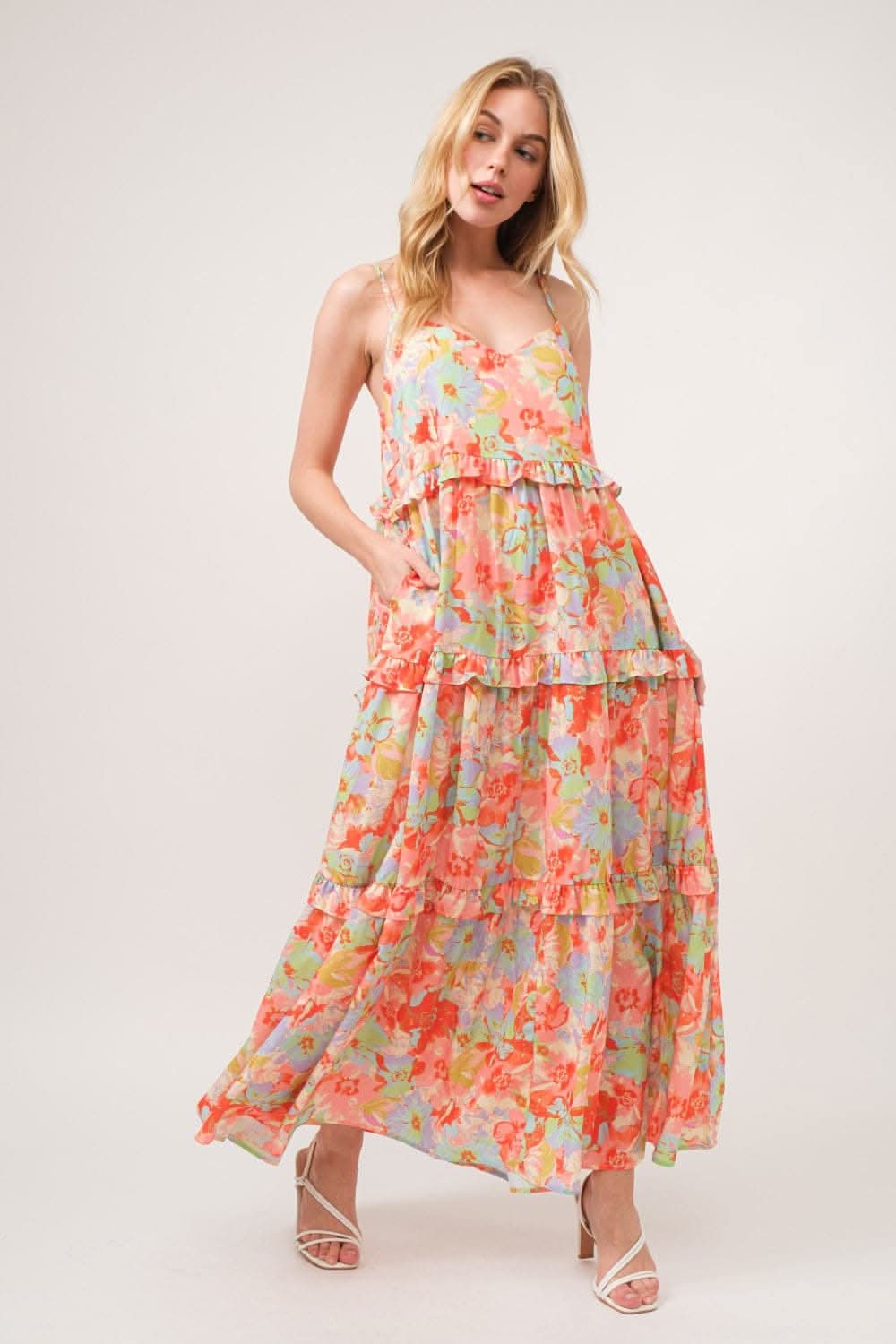 And The Why Floral Ruffled Tiered Maxi Adjustable Strap Cami Dress - Love Salve 