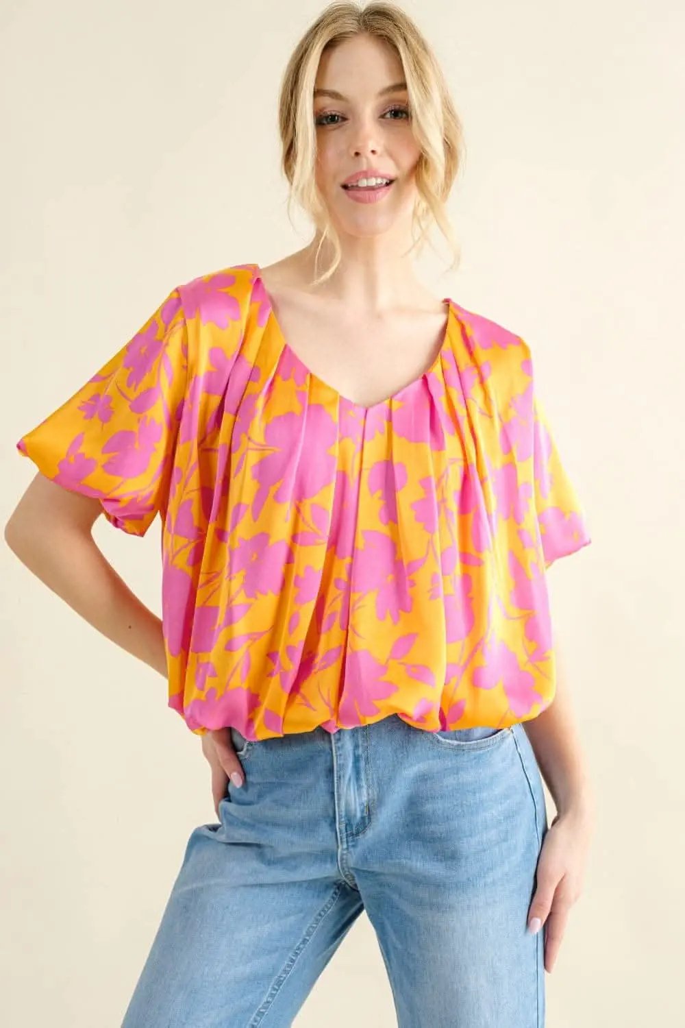 And The Why Full Size Printed Satin Bubble Hem Top - Love Salve 