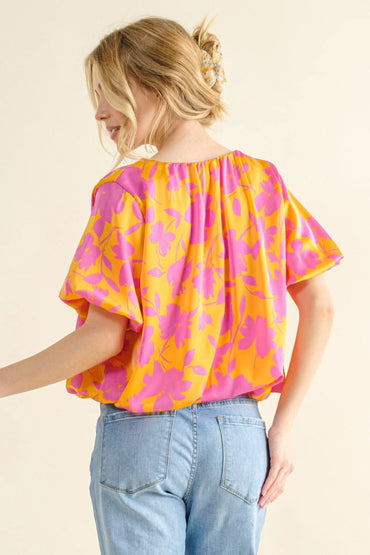 And The Why Full Size Printed Satin Bubble Hem Top - Love Salve 