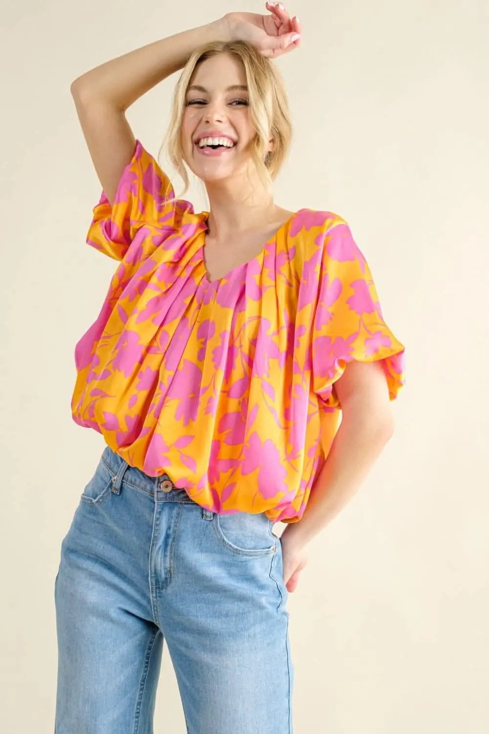 And The Why Full Size Printed Satin Bubble Hem Top - Love Salve 