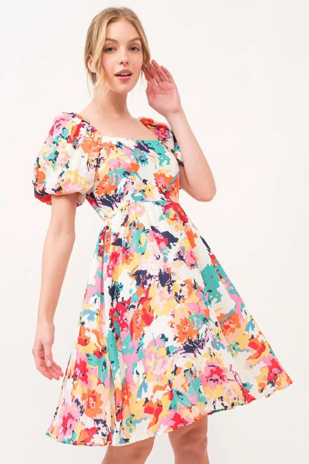 And The Why Square Neck Puff Sleeve Floral Dress Delight - Love Salve 