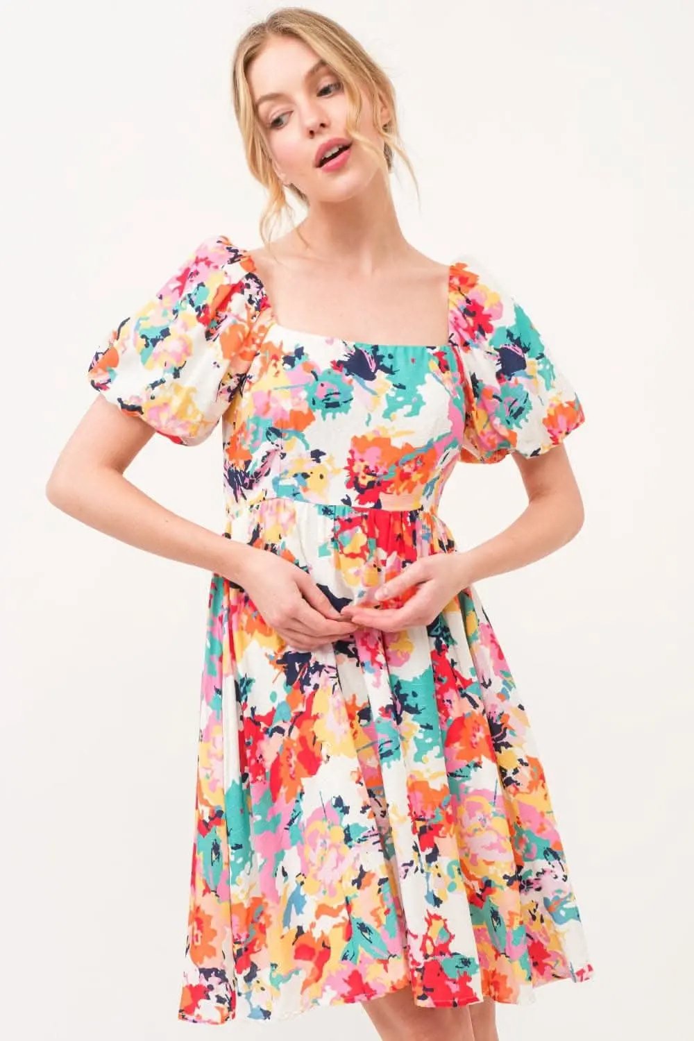 And The Why Square Neck Puff Sleeve Floral Dress Delight - Love Salve 
