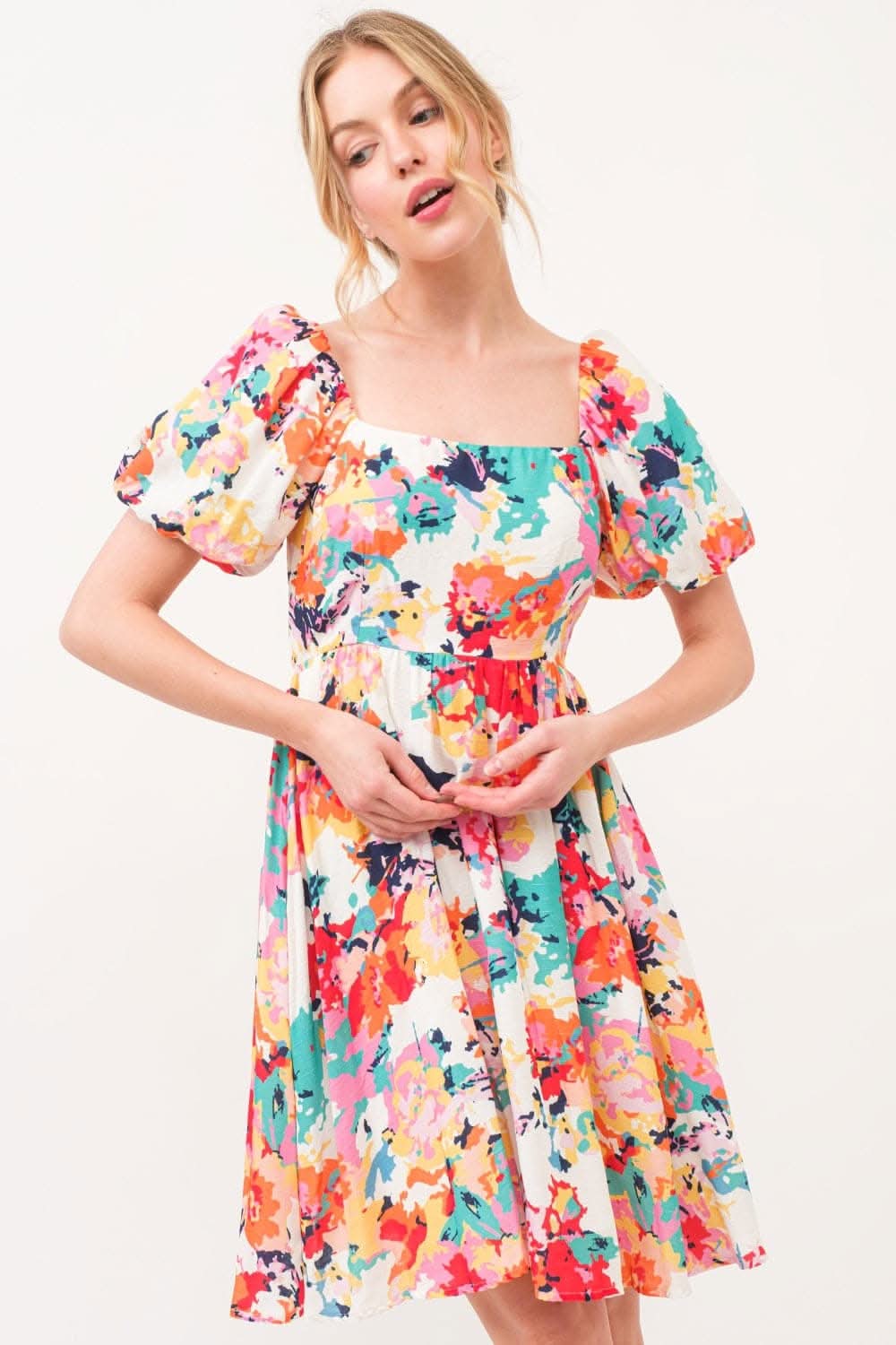 And The Why Square Neck Puff Sleeve Floral Dress Delight - Love Salve 