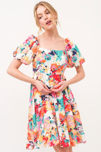 And The Why Square Neck Puff Sleeve Floral Dress Delight - Love Salve 