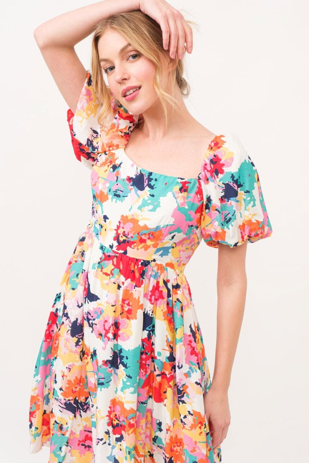 And The Why Square Neck Puff Sleeve Floral Dress Delight - Love Salve 