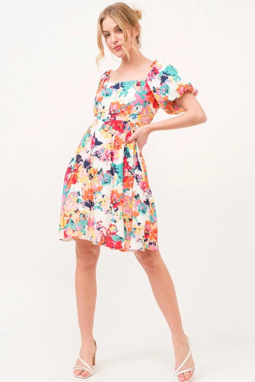 And The Why Square Neck Puff Sleeve Floral Dress Delight - Love Salve 