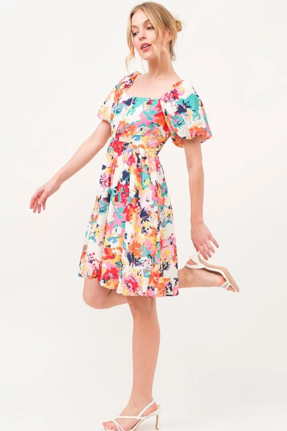 And The Why Square Neck Puff Sleeve Floral Dress Delight - Love Salve 