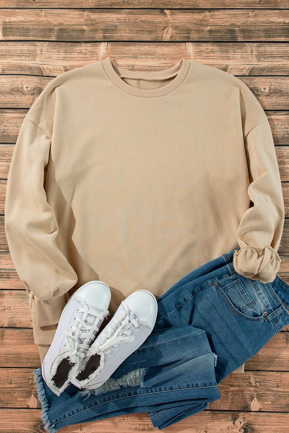 Apricot Solid Fleece Lined Drop Shoulder High Low Sweatshirt - Love Salve 