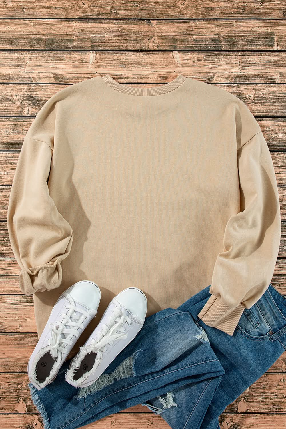 Apricot Solid Fleece Lined Drop Shoulder High Low Sweatshirt - Love Salve 