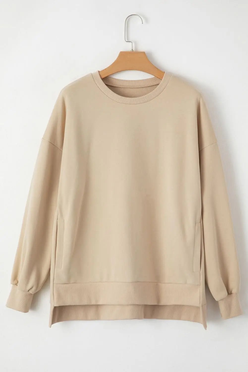 Apricot Solid Fleece Lined Drop Shoulder High Low Sweatshirt - Love Salve 