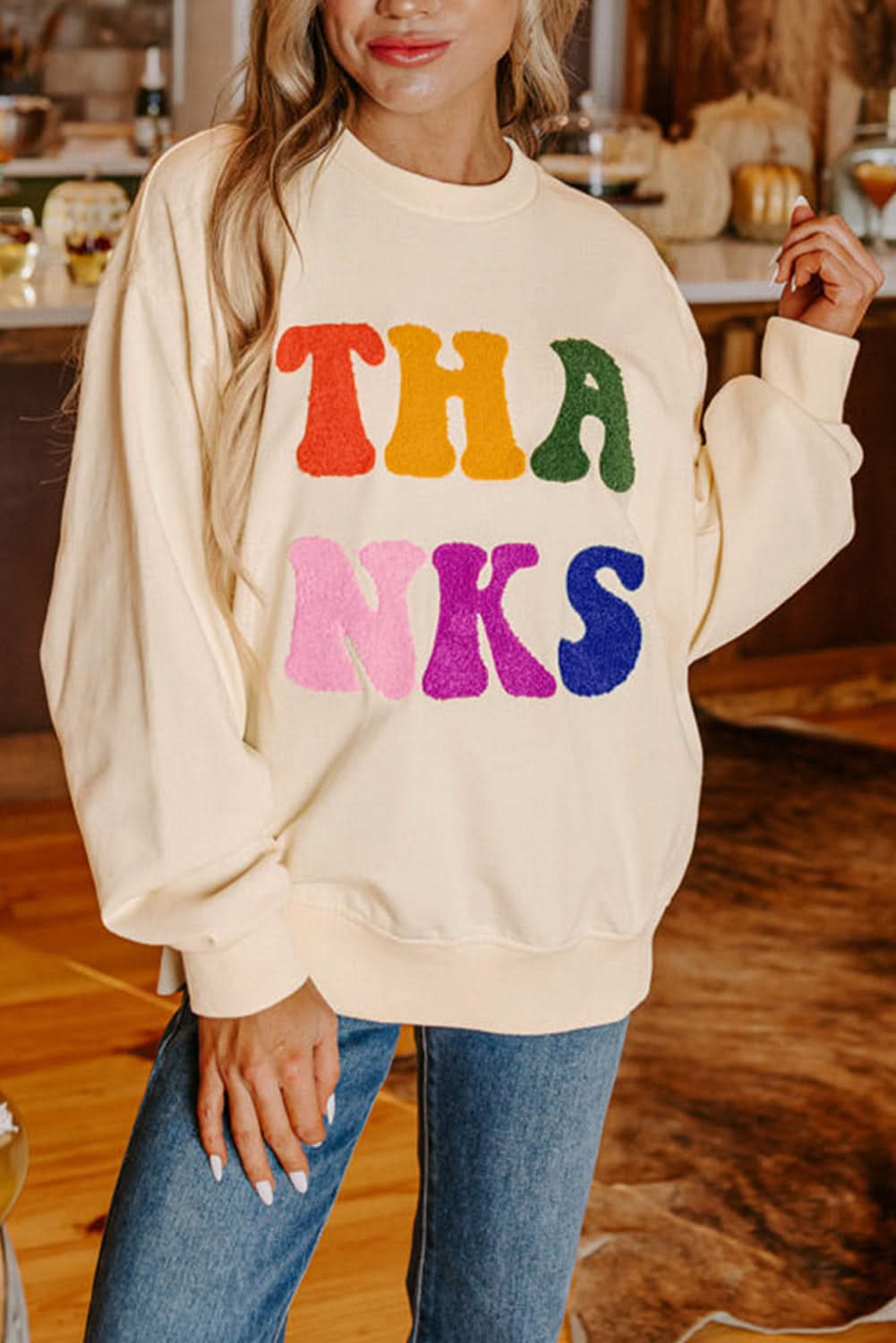 Apricot THANKS Chenille Embroidered Drop Shoulder Graphic Sweatshirt - Love Salve 