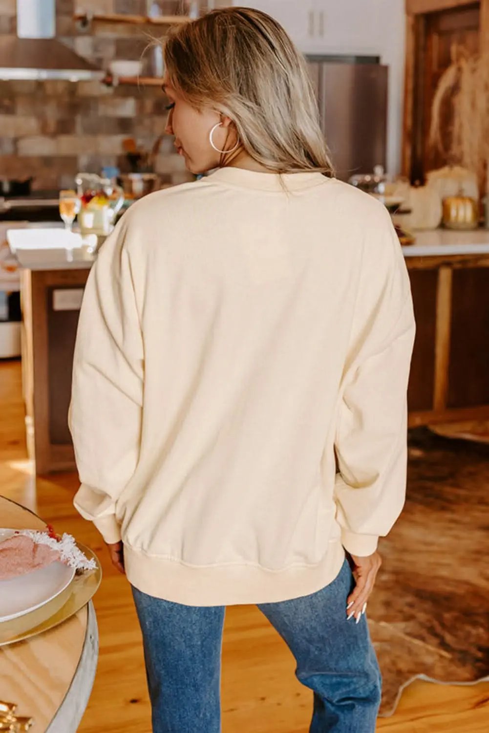 Apricot THANKS Chenille Embroidered Drop Shoulder Graphic Sweatshirt - Love Salve 