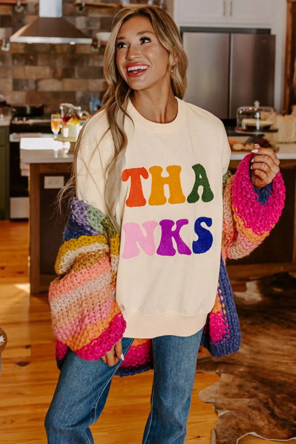 Apricot THANKS Chenille Embroidered Drop Shoulder Graphic Sweatshirt - Love Salve 