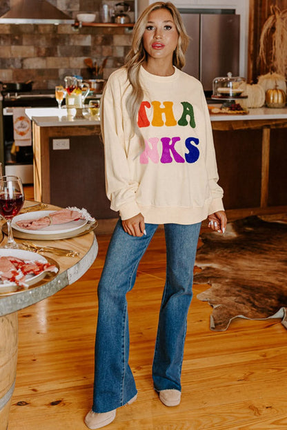 Apricot THANKS Chenille Embroidered Drop Shoulder Graphic Sweatshirt 