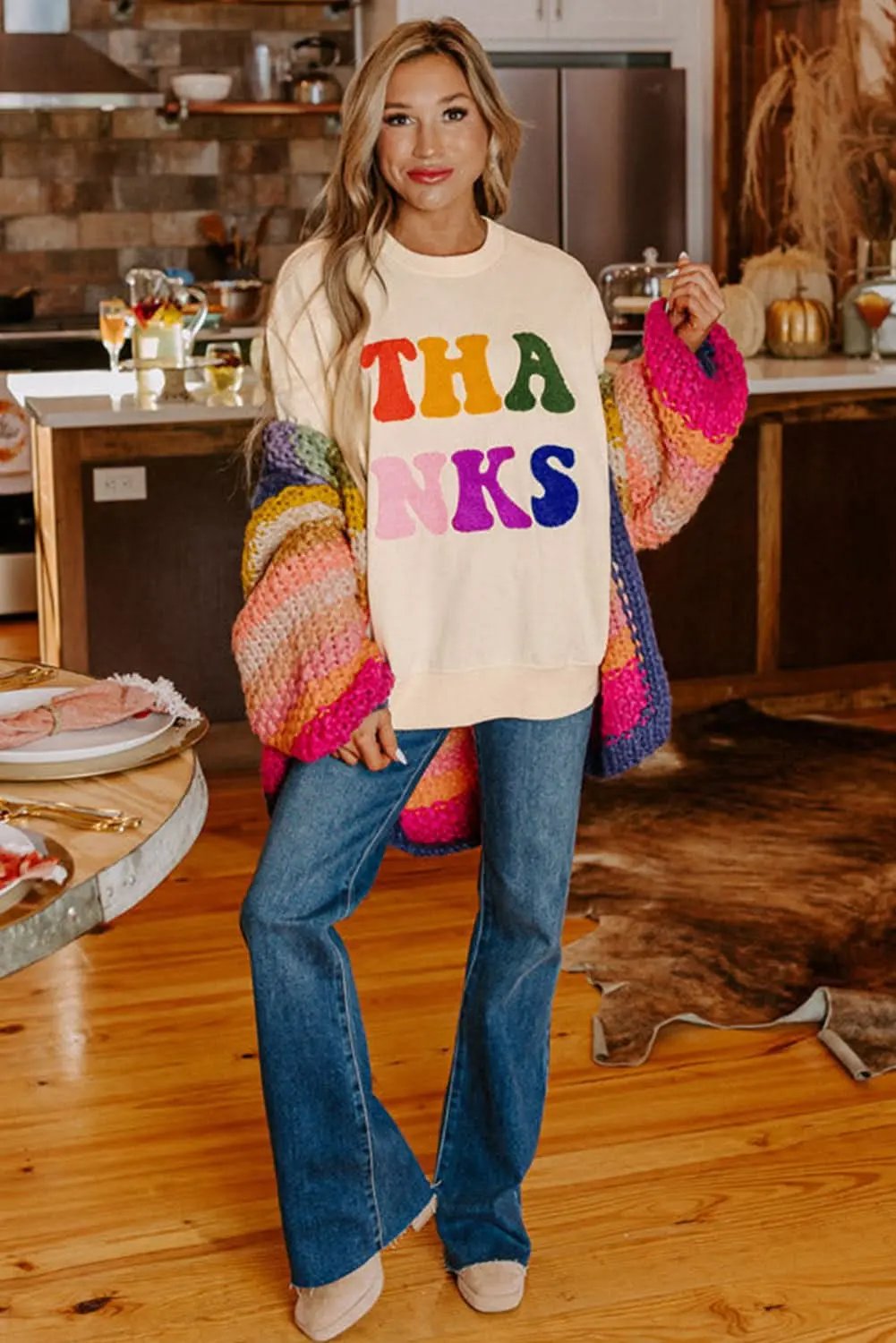 Apricot THANKS Chenille Embroidered Drop Shoulder Graphic Sweatshirt - Love Salve 