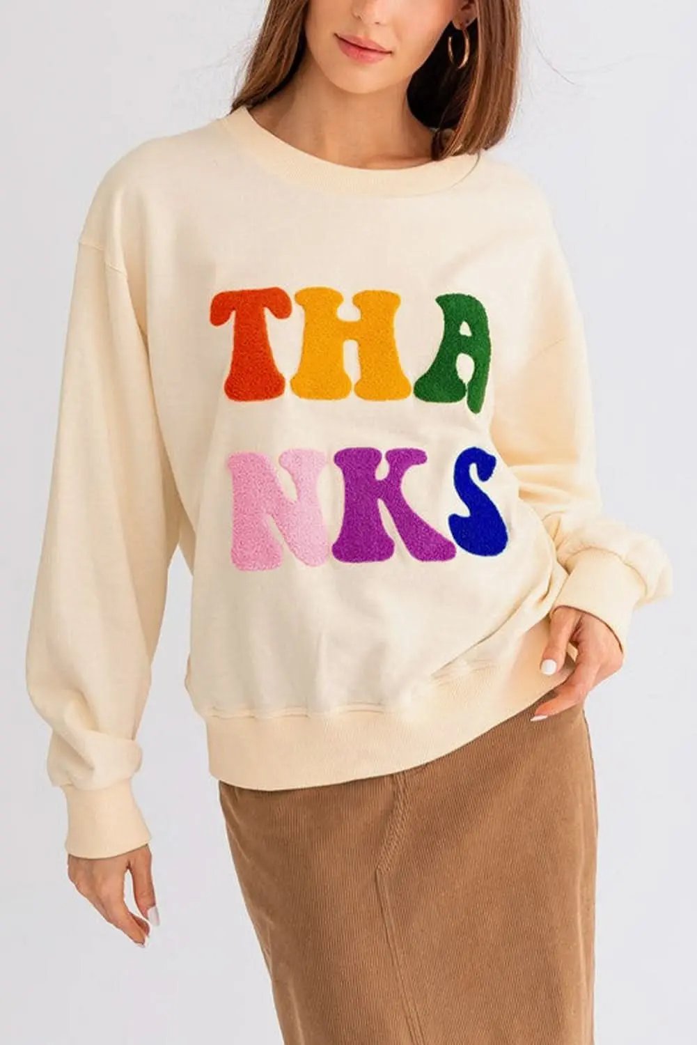 Apricot THANKS Chenille Embroidered Drop Shoulder Graphic Sweatshirt - Love Salve 